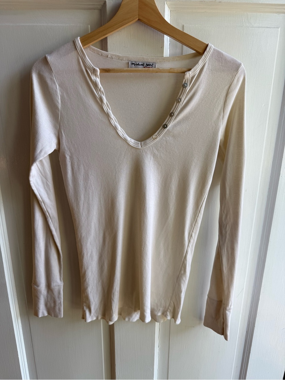 Michael Stars Ivory Long-Sleeve V-Neck Top with Trim